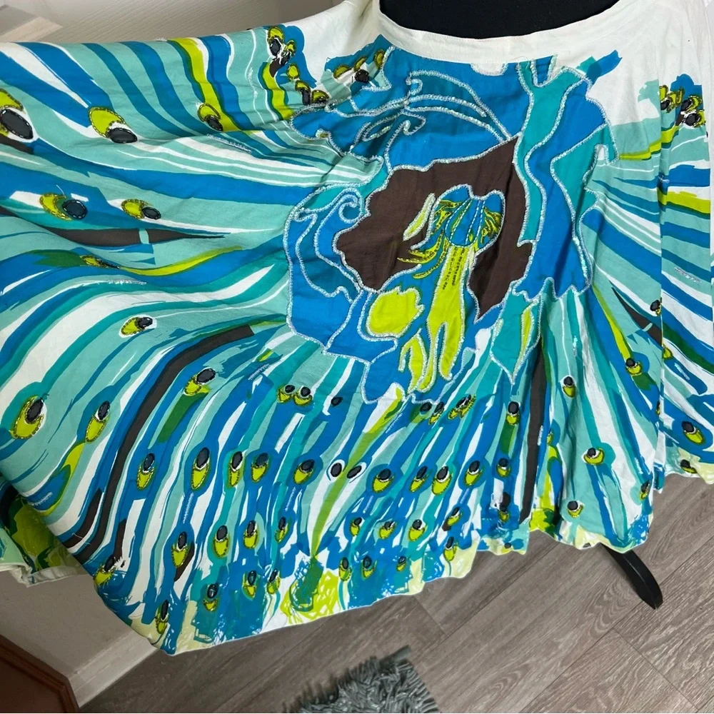 🦚 Vintage Bebe Vintage Flared Sequined Blue & Green Peacock Skirt Size Medium - Picture 3 of 7